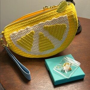 Yellow Lemon Slice Wristlet Bag and lemon slice earrings